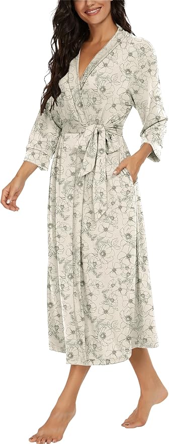 VINTATRE Women Kimono Robes Long Knit Bathrobe Lightweight Soft Knit Sleepwear V-neck Casual Ladies Loungewear