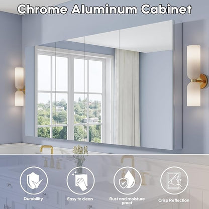 72" x 36" Bathroom Medicine Cabinet with Mirror, Anodized Chrome Aluminum Frame, Surface Mount or Recessed Medicine Cabinet with Mirror, Bathroom Mirror with Storage, Four Doors