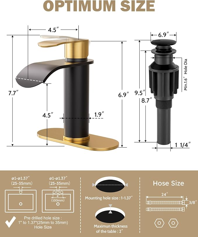 Waterfall Bathroom Faucet: WOWOW Black and Gold Modern Single Handle Bathroom Faucets for 1 or 3 Hole Bathroom Sink Faucet Mixer Tap Washbasin Faucet with Deck, Pop-up Drain and Supply Hoses