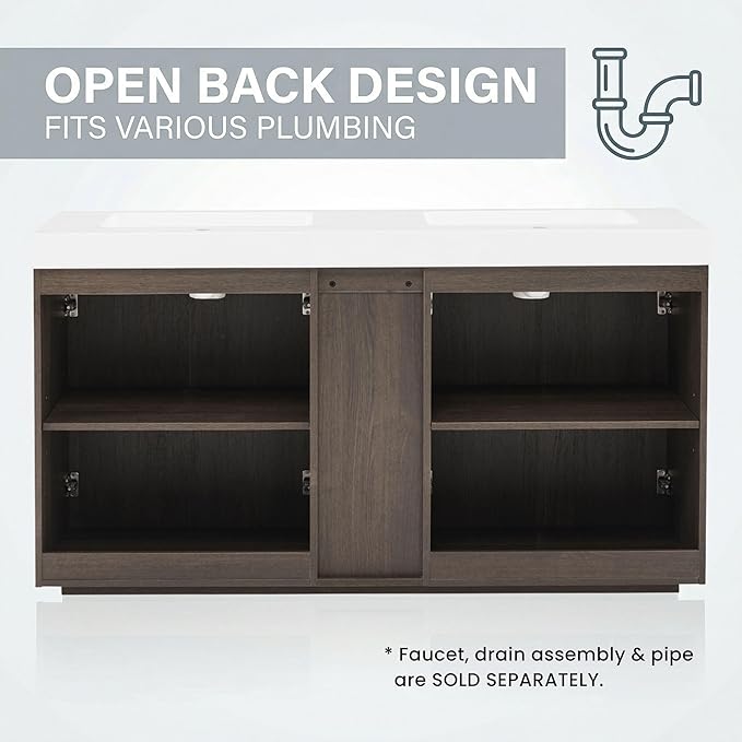 60" Double Bathroom Vanity with Sink Combo, Mid Century Modern Bathroom Cabinet with Doors & Shelves, Glossy White Integrated Sink with Overflow, Dark Grey Oak