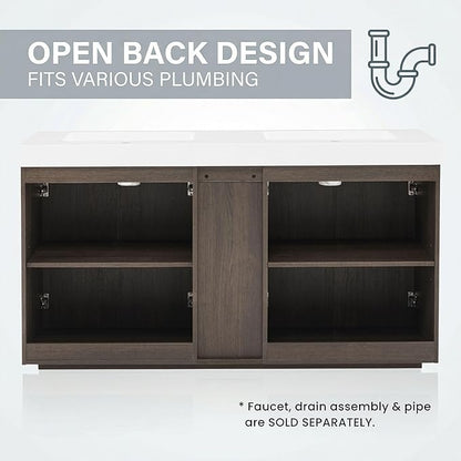 60" Double Bathroom Vanity with Sink Combo, Mid Century Modern Bathroom Cabinet with Doors & Shelves, Glossy White Integrated Sink with Overflow, Dark Grey Oak