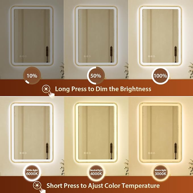 24x32 Inch Gold Framed LED Bathroom Mirror with Lights, Built-in Bluetooth Speaker, Dimmable Lighted Bathroom Vanity Mirror with 3 Colors, Backlit + Frontlit, Memory, Anti-Fog
