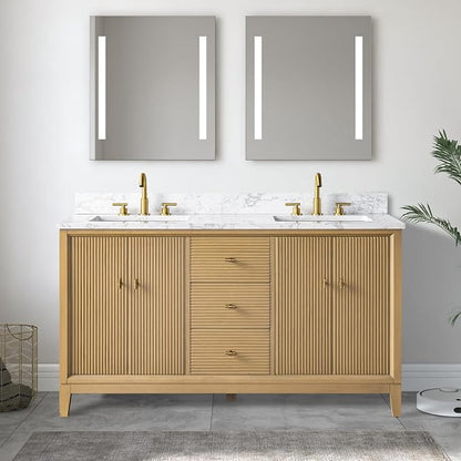 Vanity Art 60" Bathroom Vanity with Double Sink & Arabescato White Engineered Stone Top, Vanity Cabinet with Soft Closing Door, Solid Wood Frame, Golden Brushed Handles, Natural Oak VA8160D-NO-GB