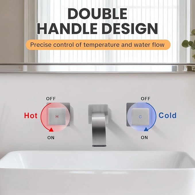 Wall-Mounted Bathroom Sink Faucet, Brushed Nickel Bathroom Faucet | Waterfall Bathroom Faucet with Two Handles, Brass Bathroom Sink Faucet, Wall-Mounted Washroom Faucets and Rough-in Valve
