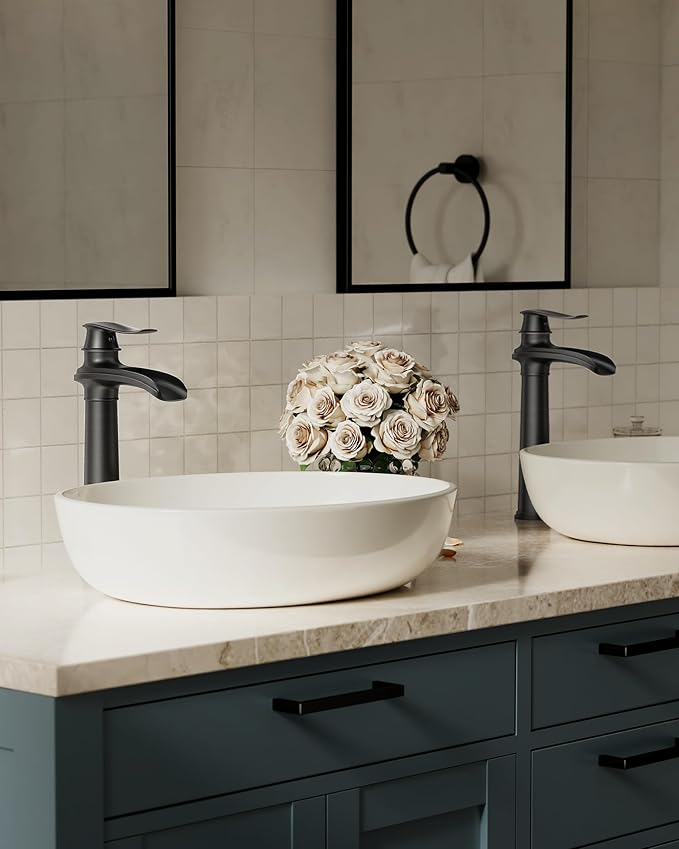 Oil Rubbed Bronze Vessel Sink Faucet Brass Waterfall Bathroom Faucet | with Pop Up Drain Assembly and Supply Hoses, Single Handle Tall Bathroom Faucets Lavatory Vanity Mixer Tap by BATHLAVISH