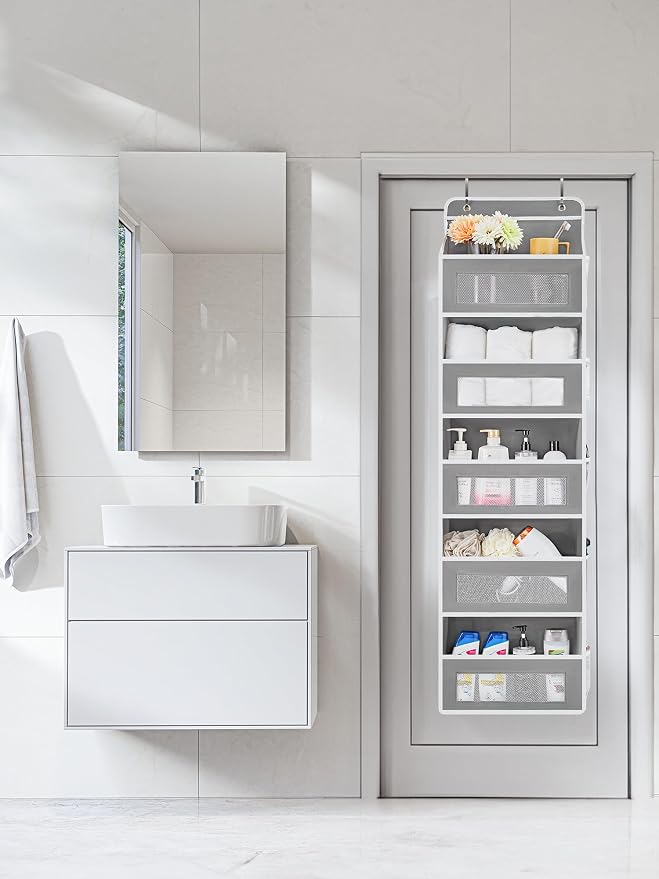 JARLINK Over the Door Organizer for Bedroom, Pantry, Bathroom, 5 Shelf Grey | Anti-Tilt Design, 44 lb Load Capacity, Hanging Door Organizer with 5 Large Capacity Pockets, Behind Door Storage for Nursery