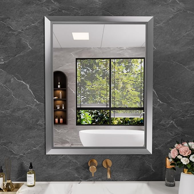 Bathroom Mirror for Wall, 28x36 Inch (Brushed Silver) | HD Reflection, Tempered Glass, Thick Metal Framed Rectangle Mirrors for Over Sink, Bedroom, Living Room, Entryway, Anti-Rust