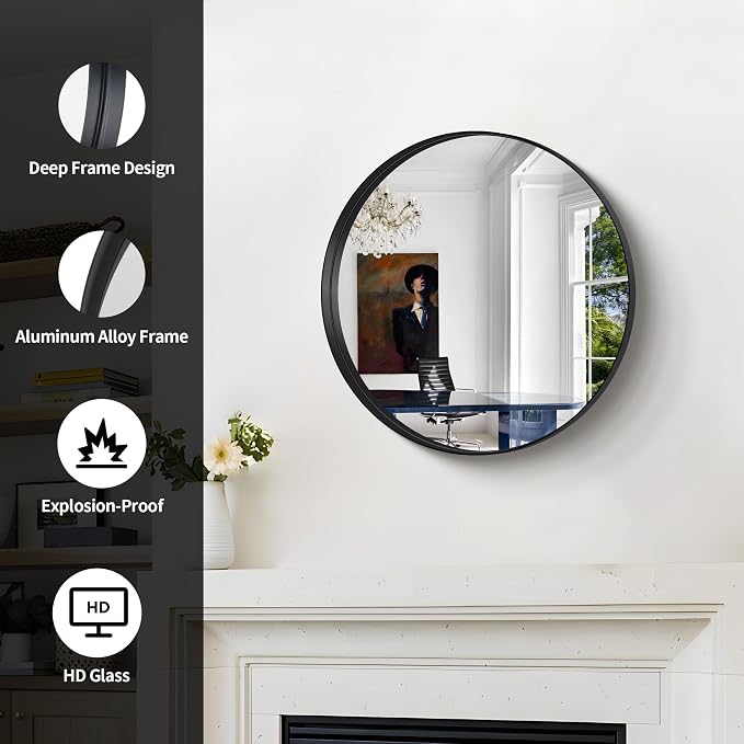 Black Round Mirror 22 inch Deep Frame Circle Mirror, Metal Framed Bathroom Mirror, Round Vanity Mirror, Circle Mirrors for Wall Entryway Bedroom Living Room Hallway