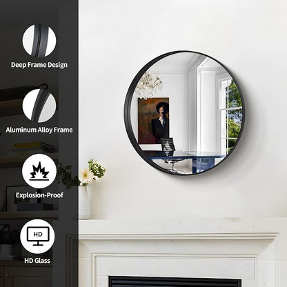 Black Round Mirror 22 inch Deep Frame Circle Mirror, Metal Framed Bathroom Mirror, Round Vanity Mirror, Circle Mirrors for Wall Entryway Bedroom Living Room Hallway