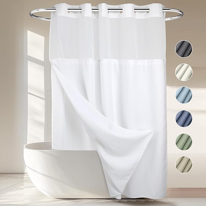 RiverDream Heavyweight Waffle No Hook Shower Curtain with Liner,White,71x74 | Dotted Waffle,Snap-in Liner,Heavy Duty,Quick Dry,Mesh Top Window,With Bottom Magnets,Hotel-Grade,Washable,Standard Size