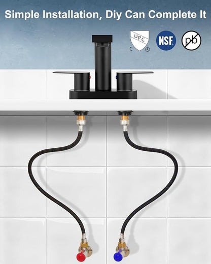 Matte Black Bathroom Sink Faucet,4 Inch Centerset,Two Handle | Lead-Free SUS304 Stainless Steel 2 or 3-Hole Centerset Bathroom Faucet,Pop-Up Drain & cUPC Supply Lines for Vanity Sinks & RV