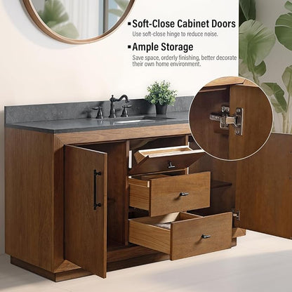 Vanity Art 60 inch Bathroom Vanity with Single Sink, Modern Wood Bath Vanity with Black Carrara Marble Top, Vanity Cabinet with Doors， Removable Shelf, Solid Wood Frame, Tan, VA7060B