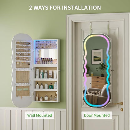 HNEBC LED Mirror Jewelry Cabinet with RGB Lights,42.5" Wall Mounted Jewelry Organizer with Full-Length Mirror,Over The Door Hanging Jewelry Armoire Storage Cabinet,Lockable,Wide Wavy Mirror