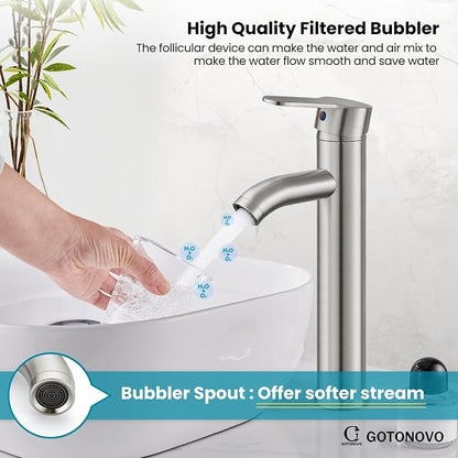 gotonovo Modern Vessel Sink Faucet with ABS Pop Up Drain, Brushed Nickel | Modern Tall Bathroom Faucet 1 Hole Single Handle Round Body, cUPC Water Supply Hoses, Basin Mixer Tap for Vanity Lavatory Rv