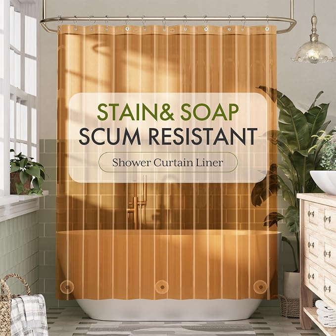 Bathway Shower Curtain Liner, Clear Shower Curtain Liner 72x72 PEVA Waterproof Shower Curtain Liner Plastic with 3 Magnets and 12 Rustproof Metal Grommets, Lightweight Orange Amber Shower Liner