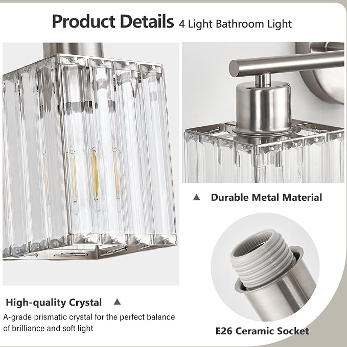4 Light Bathroom Light Fixtures, Modern Crystal Vanity Lights over Mirror | Metal Frame, Bathroom Light with Square Crystal Shade, ETL Certified, E26 Ceramic Socket, Bulbs Not Included
