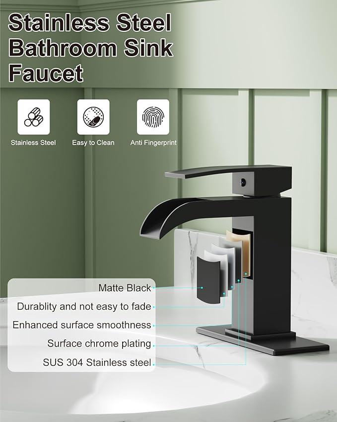 Midanya Waterfall Bathroom Faucet, Single Handle Bathroom Sink Faucet for Sink 1 or 4 Inch 3 Hole, Stainless Steel Vanity Faucets with Deck Plate and Pop up Drain,Matte Black