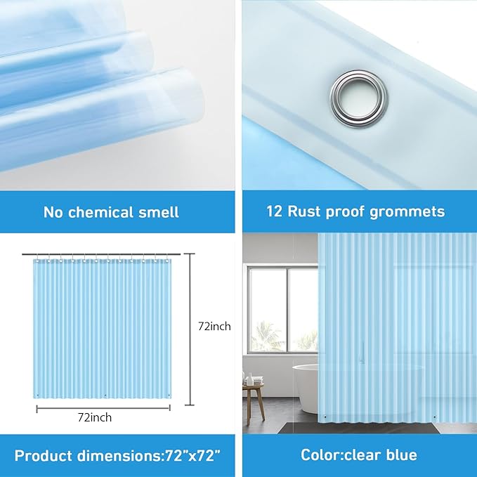 EHZNZIE Shower Curtain Liner Light Weight PEVA, Shower Liner 72x72 Inches, Waterproof, No Chemical Smell with 12 Rust Proof Metal Grommets for Bathroom Shower Curtain, Clear Blue