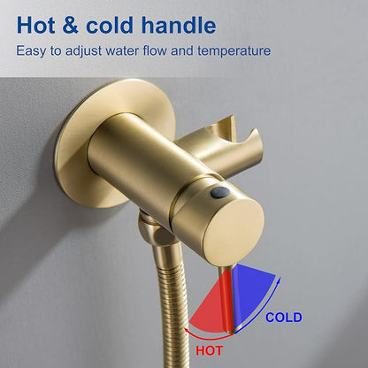 Warm Water Bidet Sprayer for Toilet with Hot and Cold Brass Rough-in Valve, Stainless Steel Round Handheld Bidet Attachment Set for Feminine, Pets and Baby Diaper Wash, Brushed Gold, BDS09-3