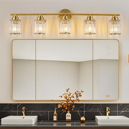 5-Light Crystal Bathroom Light Fixtures, Modern Gold Vanity Light, 37.4" Vanity Lights with Clear Crystal Shade, E26 Base Wall Sconces Over Mirror for Bathroom, Bedroom, Hallway