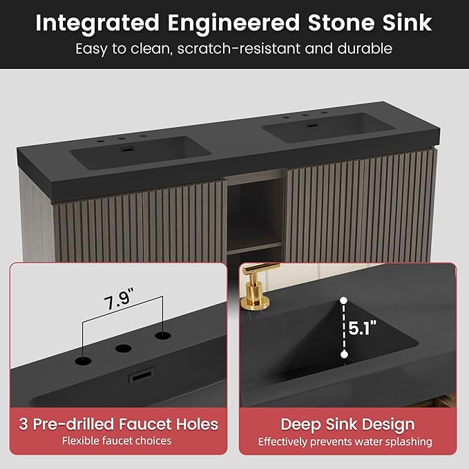 72" Bathroom Vanity with Double Sink, Freestanding Double Sink Bathroom Vanity with Black Engineered Stone Top, Open Storage Cabinet & Adjustable Shelf, 4 Soft-Closing Doors, Smoked Oak Brown