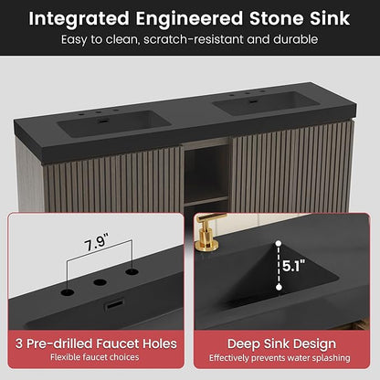 72" Bathroom Vanity with Double Sink, Freestanding Double Sink Bathroom Vanity with Black Engineered Stone Top, Open Storage Cabinet & Adjustable Shelf, 4 Soft-Closing Doors, Smoked Oak Brown