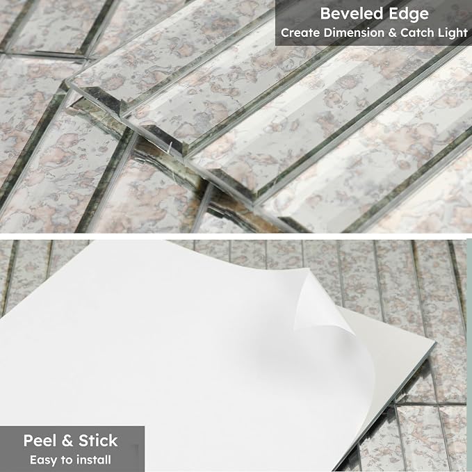 Peel and Stick Mirror Backsplash Tile, Beveled Mirror Tile for Kitchen Bathroom Bar Accent Wall (Antique, 11.8 x 11.8 Inch)