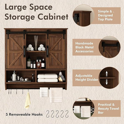 RUSTOWN Farmhouse Bathroom Wall Cabinet,3-Tier Rustic Wood Wall Mounted Cabinets,Vintage Medicine Cabinet with Sliding Barn Door and Adjustable Shelves,Over The Toilet Storage Cabinet (Dark Walnut)