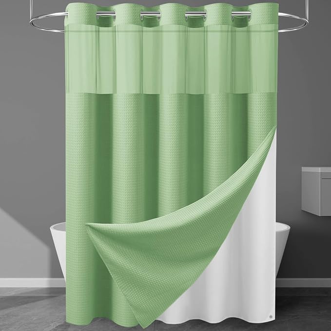 EUTXL Heavyweight Mint Green No Hook Shower Curtain with Snap in Liner,256GSM Waffle Weave Shower Curtains for Bathroom,71W x 74H
