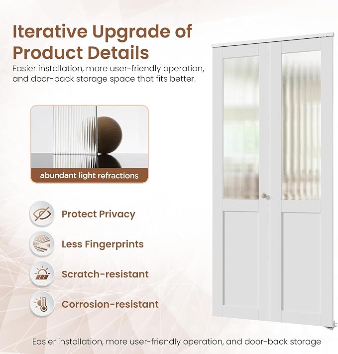 SMARTSTANDARD 24" x 80" Reeded Glass Bifold Closet Doors, Preassembled, MDF | Water-Proof PVC Surface, Half Tempered Glass with Hardware Kit, White Interior Slab for Kitchen, Closet, Pantry, White