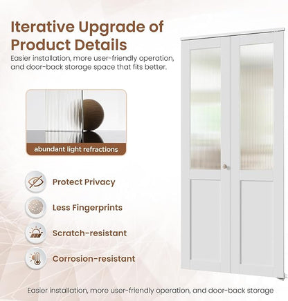 SMARTSTANDARD 24" x 80" Reeded Glass Bifold Closet Doors, Preassembled, MDF | Water-Proof PVC Surface, Half Tempered Glass with Hardware Kit, White Interior Slab for Kitchen, Closet, Pantry, White