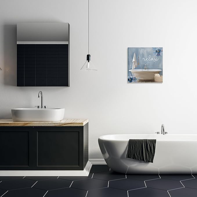 Blue Floral Bathroom Relaxation, 17 x 17 Inch Canvas Wall Art | Stupell Industries · By Kim Allen · Ready to hang · Calm bath and laundry decor · Made in USA
