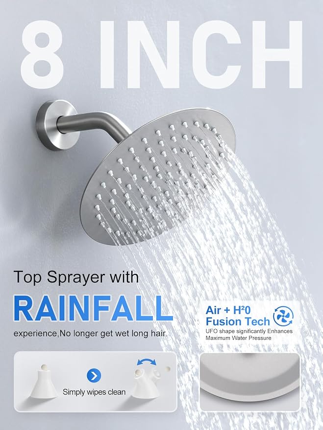 Woindo Shower Faucet Set 10" Rain Shower Head/8'' Side Shower Head and 3 Setting Handheld Ceiling Mount 3 Push Button Diverter Complete Rainfall Round Shower System Included Valve Trim Kit