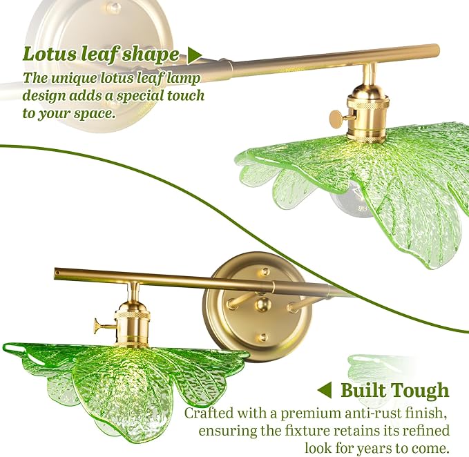 2 Light Vintage Wall Sconces with Glass Shades,Vanity Light,Bathroom Light,Wall Lighting Fixture for Mirror,Home Decor Art Wall Light (Golden+Green, 2-Lights)