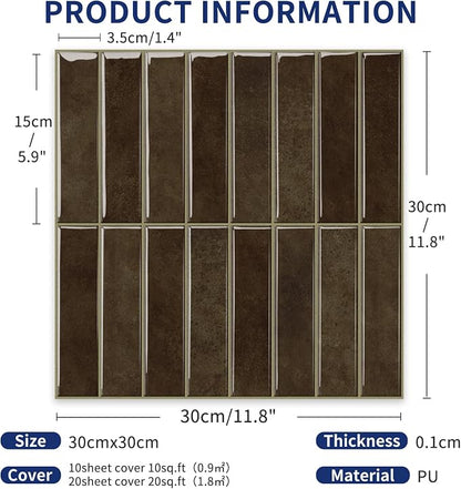 MORCART 20PCS 11.8"x11.8" Peel and Stick Backsplash, Wall Tiles, Dark Brown | 3D Adhesive Waterproof Wall Tiles for Kitchen, Bathroom, Living Room, Laundry Room, Subway Tiles