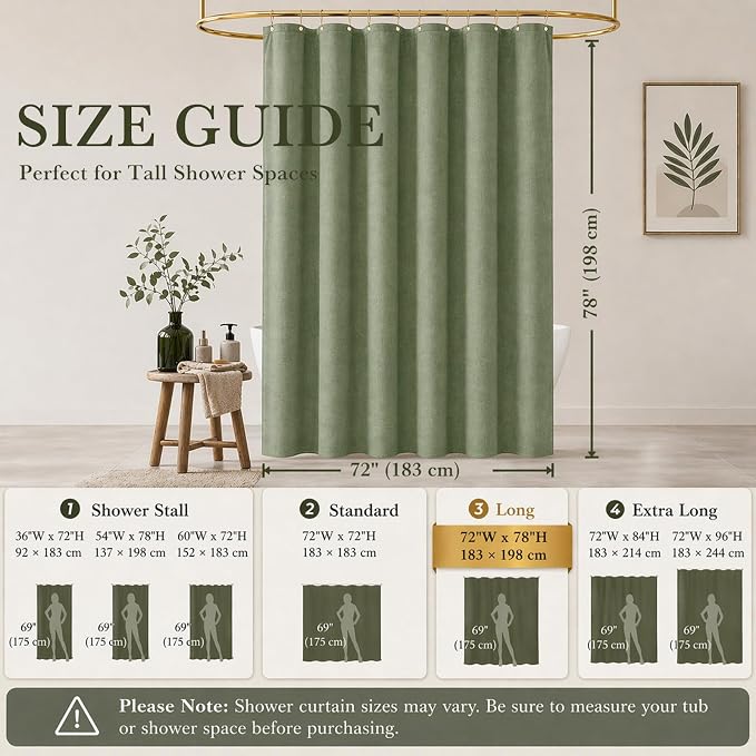 Sage Green Linen Shower Curtain Farmhouse Bathroom Decor 72x78 In | Boho Bathroom Decor,12 Sturdy Stainless Steel Sliding Hangers,Rustic Country Style,Linen Shower Curtains for Bathroom