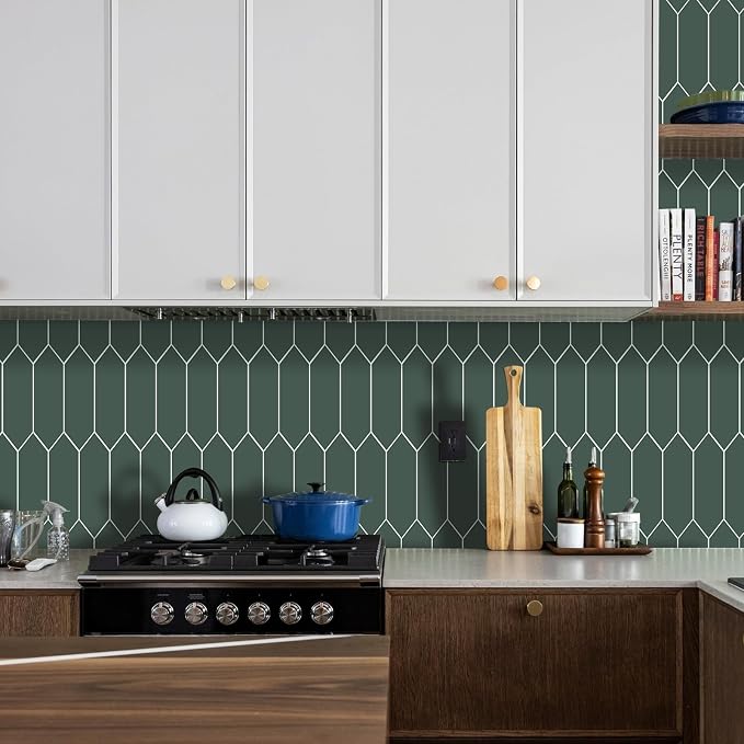 Peel and Stick Olive Long Hexagon Tile| Elongated Hexagon Self Adhesive Mosaic Wall Tiles| Stick On Kitchen Backsplash Wall Tiles|6-Sheet