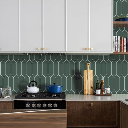 Peel and Stick Olive Long Hexagon Tile| Elongated Hexagon Self Adhesive Mosaic Wall Tiles| Stick On Kitchen Backsplash Wall Tiles|6-Sheet