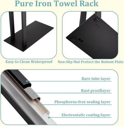 Yawinhe Free Standing Towel Rack,2 Tier Blanket Holder with Shelf,Black | Towel Drying Rack with Marble Base;Tall Towel Drying Rack Outdoor; Metal Towel Stand for Bathrooms;Hand Holder for Bathroom