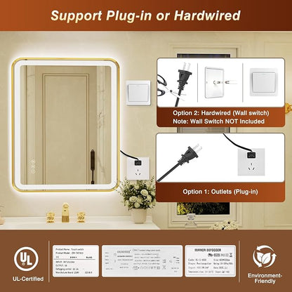 36x48 Inch Gold Framed LED Bathroom Mirror with Lights, Built-in Bluetooth Speaker, Dimmable Lighted Bathroom Vanity Mirror with 3 Colors, Backlit + Frontlit, Memory, Anti-Fog
