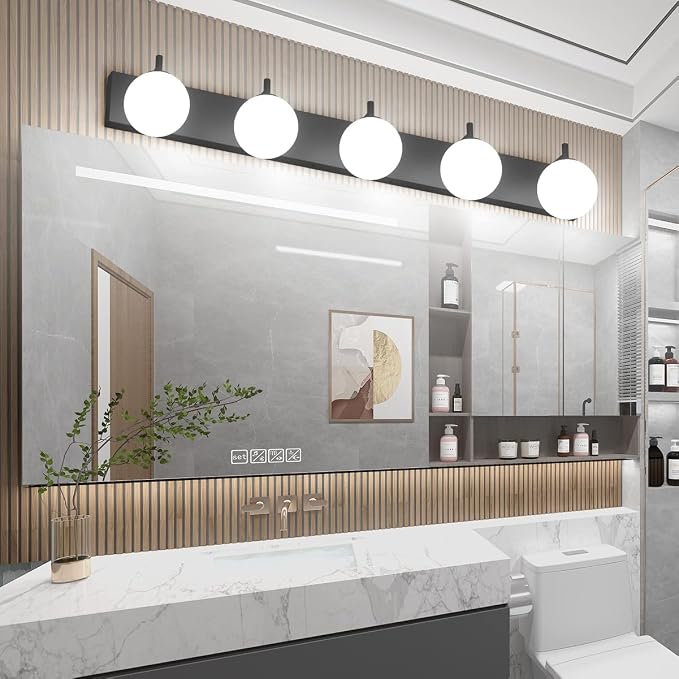 Aipsun Vanity Light, 5 Lights Matte Black Bathroom Light Fixtures, Vanity Lights with Milky White Globe Glass, Black Lights Over Mirror