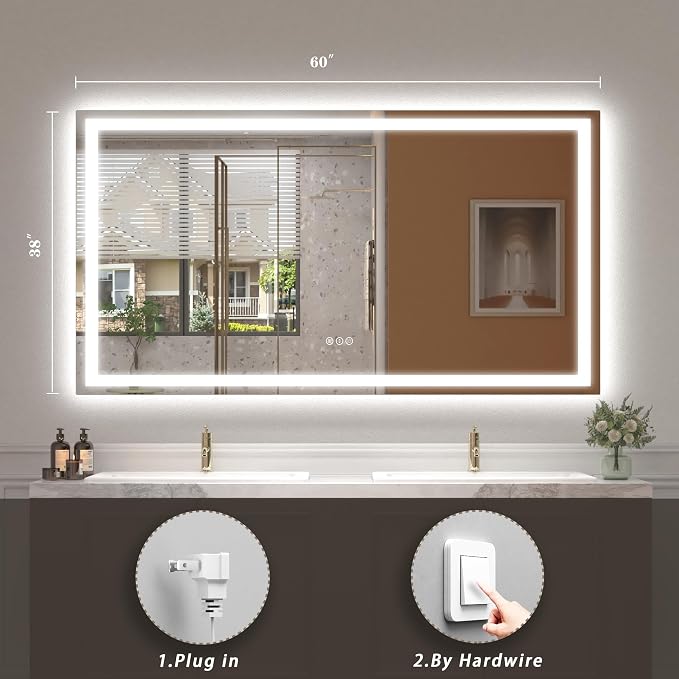 60x38 LED Lighted Bathroom Mirror for Vanity Wall | Front Light and Backlit, Anti-Fog, Memory, 3 Color, Tempered Glass, Dimmable, Rectangular, UL, Horizontal/ Vertical Mounted