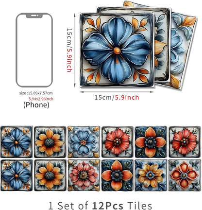 Tile Decals with Vintage Flower Pattern, 6X6IN-12 Pcs | 1.6mm-Thick FOAM+PE Tiles,Strong Adhesive, Waterproof Sticker Decals for Kitchen,Bathroom,Cabinets