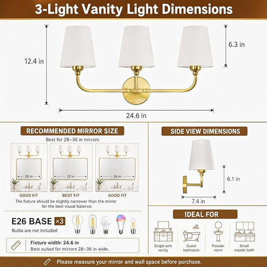 Bathroom Vanity Light, Brushed Gold Bathroom Lighting Fixtures Over Mirror | 3-Light Bathroom Light Fixtures with Flared White Fabric Shade, E26 Socket (ETL Listed)