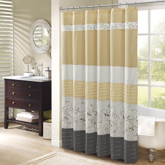 Madison Park Serene Shower Curtain for Bathroom, 72 x 72, Yellow | Adds Privacy, Machine Washable, Floral Pattern, OEKO-TEX Certified