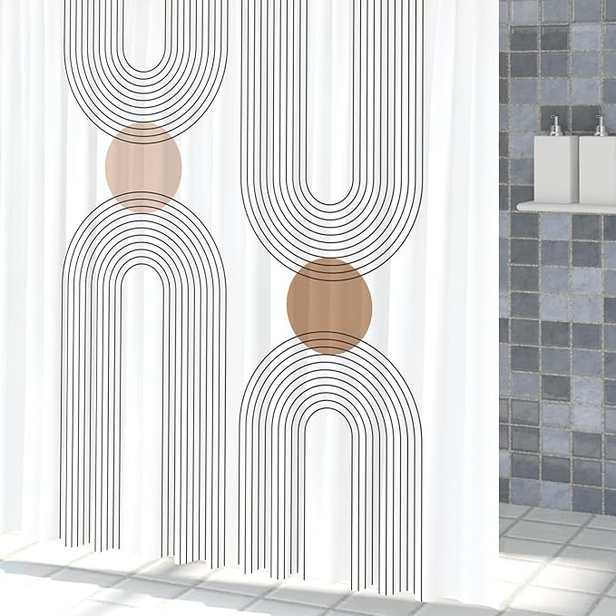 Mid Century Shower Curtain for Bathroom, Boho Sun Rainbow Modern Minimalist Geometric Shower Curtain, Abstract Arch Lines Modern Aesthetic Bathroom Decor Curtain Sets 72x78 inch