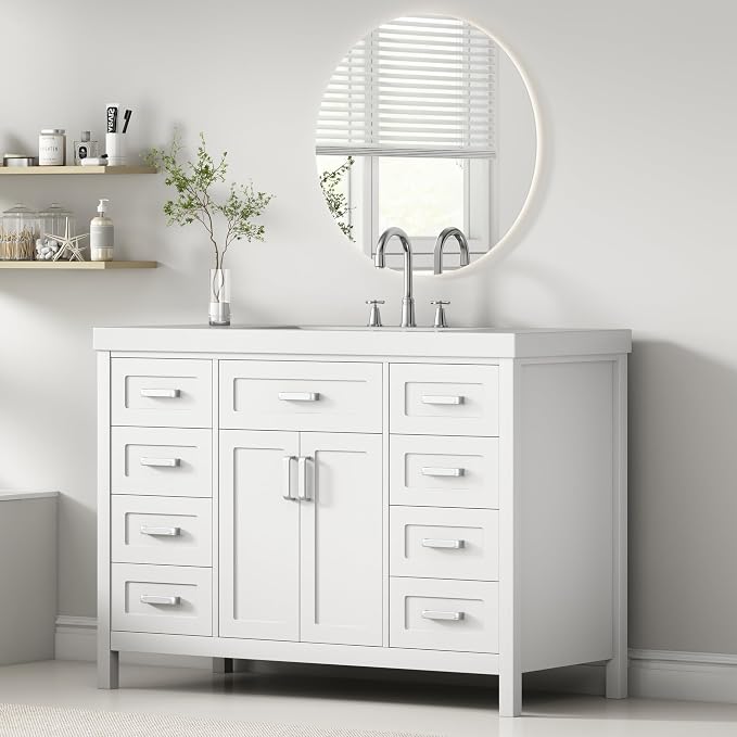 47" Bathroom Vanity Base Only, Cabinet with Soft-Closing Drawers and Doors, Simple & Modern Style, Solid Wood Frame, White