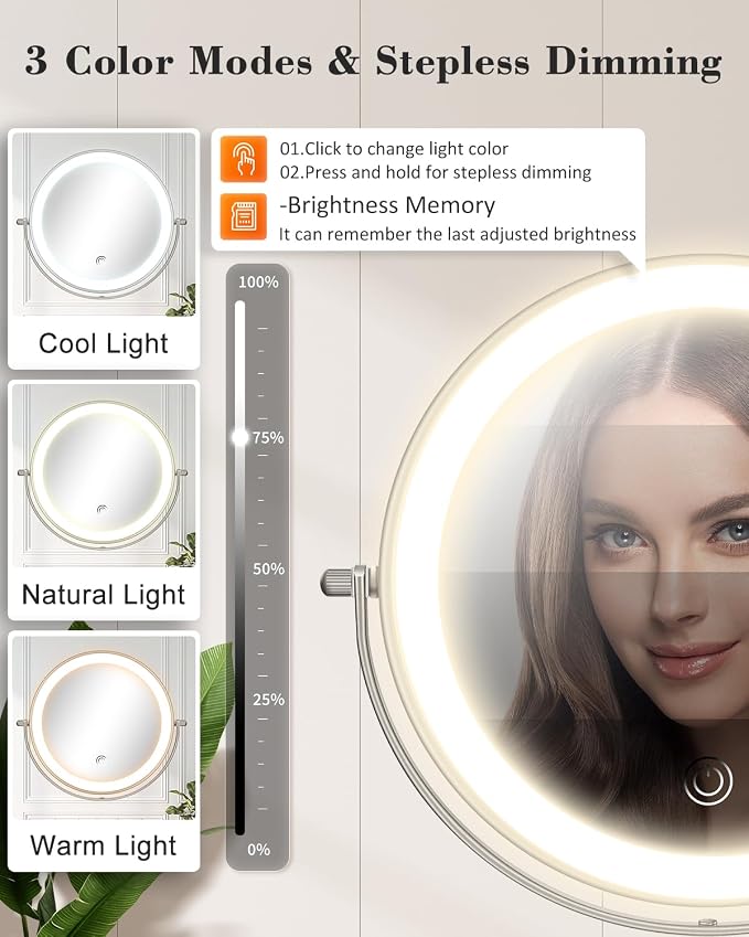 20X 9" Wall Mounted Magnifying Makeup Mirror with Light Height Adjustable | 5000mAh Double Sided Rechargeable LED Lighted Vanity Mirror with Magnification 3 Color Light up Extended Arm 360 Rotation