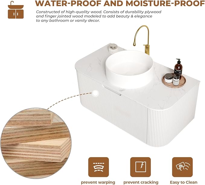 LKTART 36 Inch Floating Bathroom Vanity with Sink, Modern Wall Mounted Bathroom Storage Cabinet with Drawer, Round White Ceramic Sink Top and Marble Texture Top, White