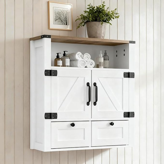 Bathroom Wall Cabinet, Farmhouse Medicine Cabinet with Mirror, Drawer, Barn Doors, Over The Toilet Storage Cabinets Wall Mounted for Bathroom Kitchen Laundry Entrance, Rustic